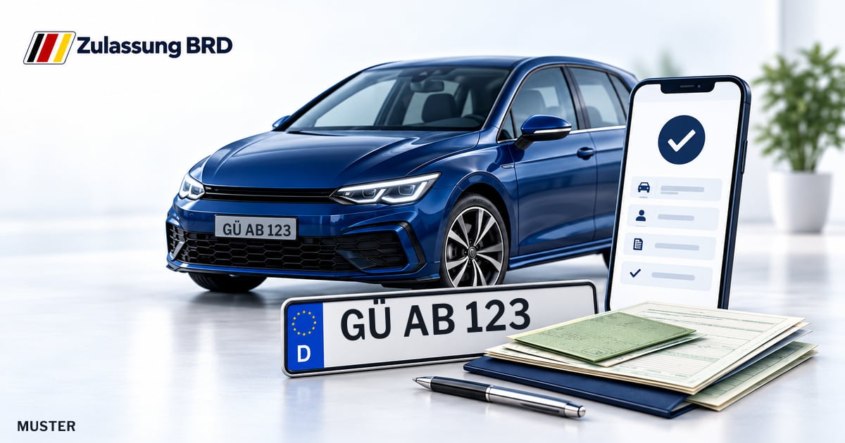 Online Fahrzeugzulassung in Güstrow: Musterkennzeichen GÜ AB 123, Auto und Fahrzeugpapiere und Smartphone. Illustration mit Logo von Zulassung BRD.